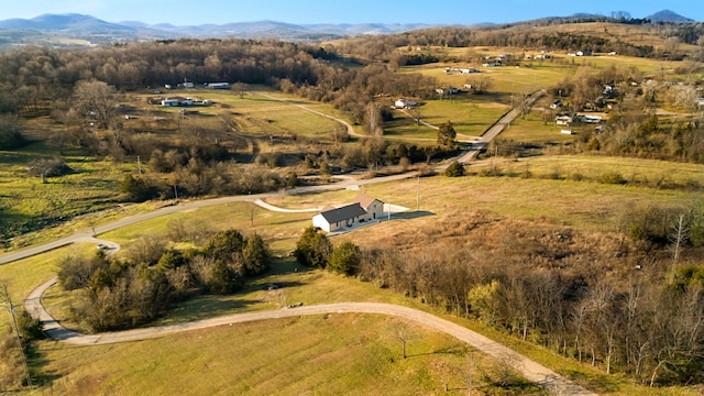 bird's eye view featuring a mountain view and a rural view