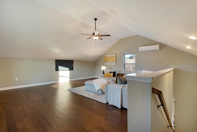 living room with dark hardwood / wood-style flooring, an AC wall unit, ceiling fan, and lofted ceiling