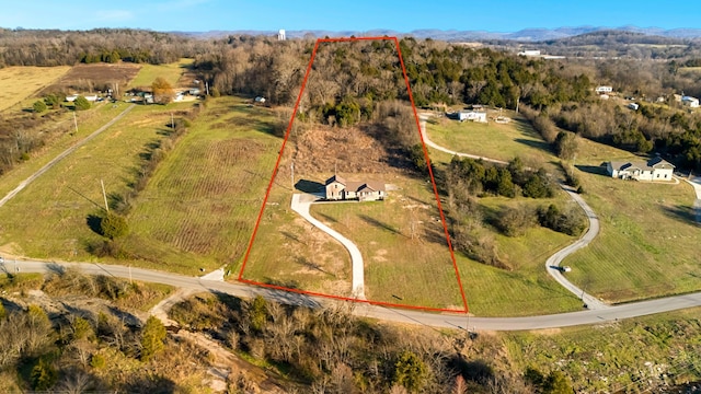 birds eye view of property with a mountain view and a rural view