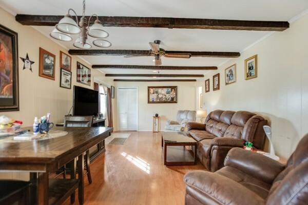 living room featuring beam ceiling, ceiling fan with notable chandelier, and hardwood / wood-style flooring