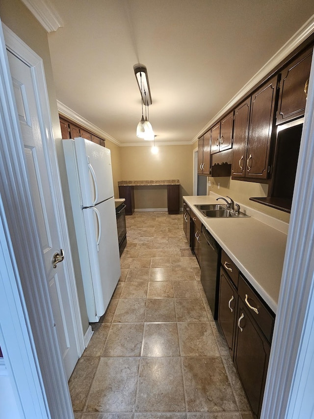 kitchen with dishwasher, crown molding, sink, decorative light fixtures, and white fridge