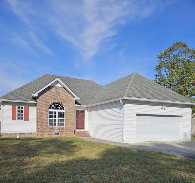 ranch-style home with a front lawn and a garage