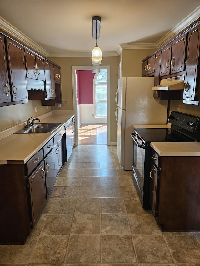 kitchen featuring dark brown cabinetry, crown molding, sink, electric range, and hanging light fixtures