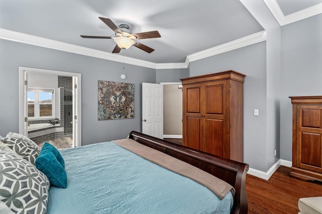 bedroom with ornamental molding, ceiling fan, and dark wood-type flooring