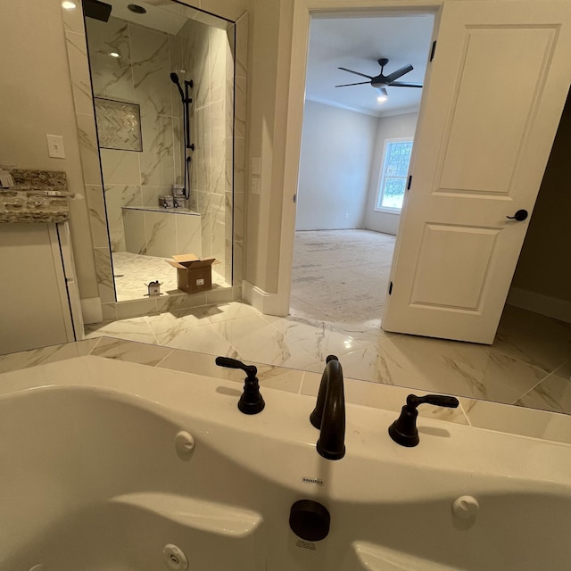 bathroom with ceiling fan, crown molding, and plus walk in shower