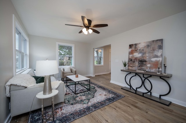 living room with hardwood / wood-style floors and ceiling fan