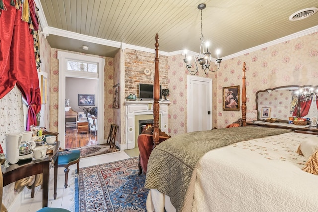 bedroom featuring crown molding, light tile patterned floors, wood ceiling, and a notable chandelier