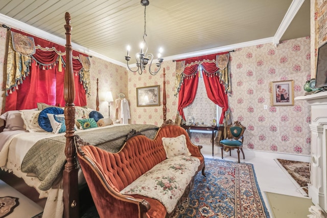 bedroom with a notable chandelier and crown molding