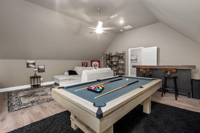 playroom featuring ceiling fan, wood-type flooring, pool table, and lofted ceiling