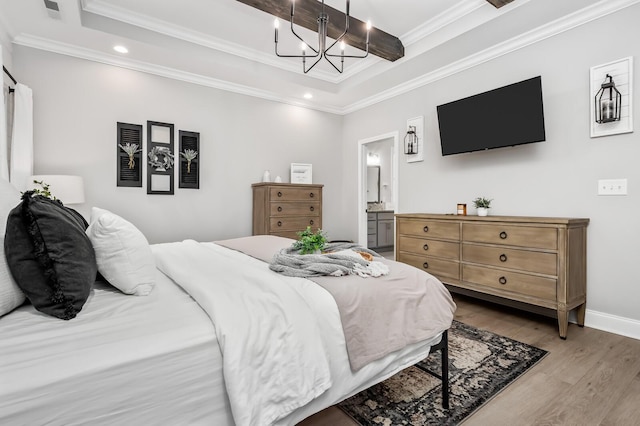 bedroom with crown molding, light hardwood / wood-style flooring, ensuite bath, beamed ceiling, and a chandelier