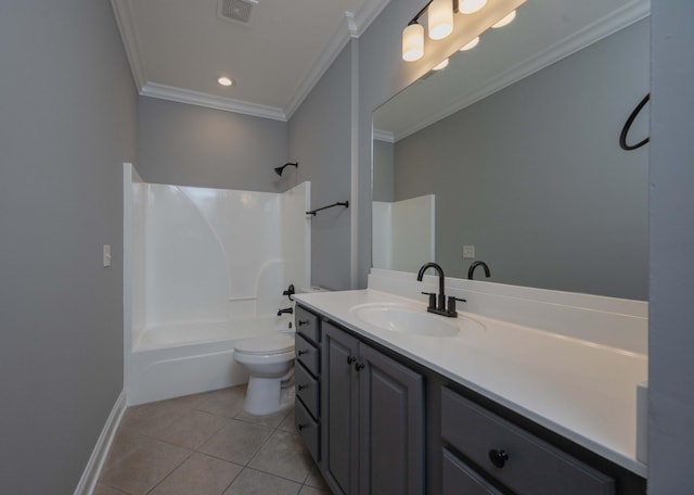 full bathroom with vanity, tile patterned floors, crown molding, toilet, and tub / shower combination