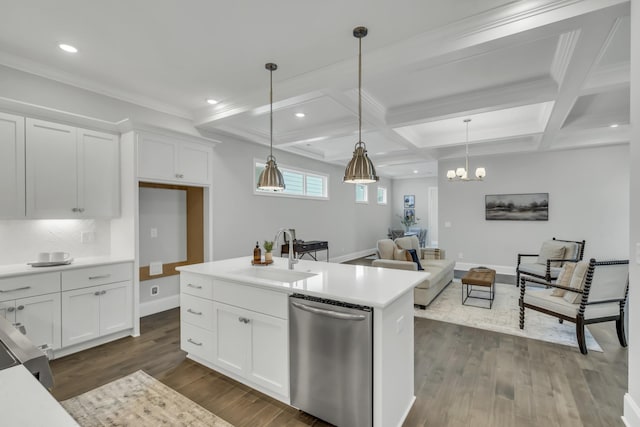 kitchen featuring dishwasher, white cabinetry, sink, and coffered ceiling