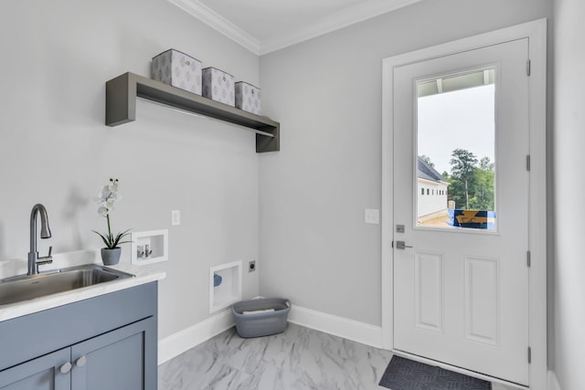 laundry room with cabinets, crown molding, sink, washer hookup, and hookup for an electric dryer