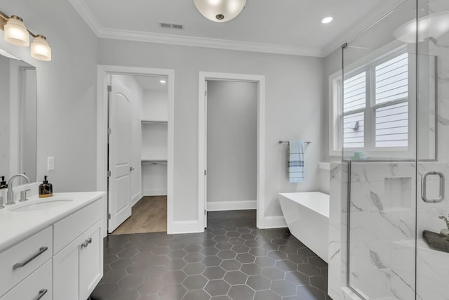 bathroom with tile patterned floors, vanity, ornamental molding, and plus walk in shower