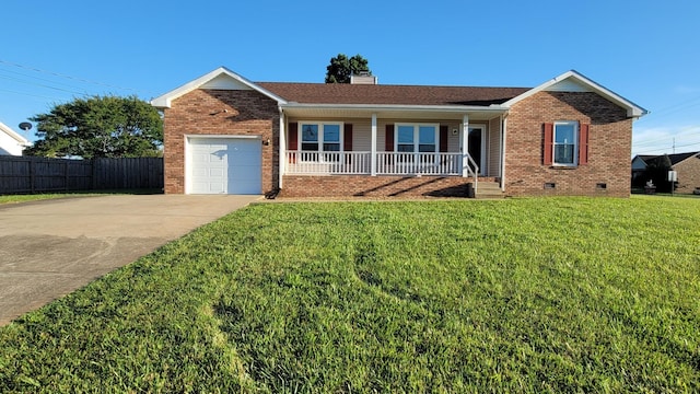 single story home with a front yard, a porch, and a garage