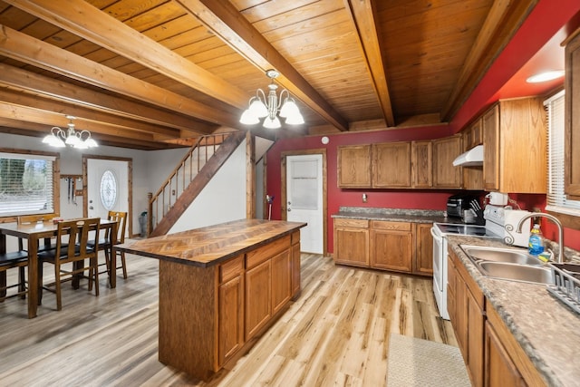 kitchen with beam ceiling, white range with electric cooktop, a kitchen island, and a chandelier