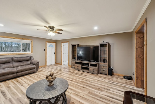 living room with ceiling fan, ornamental molding, and light hardwood / wood-style flooring