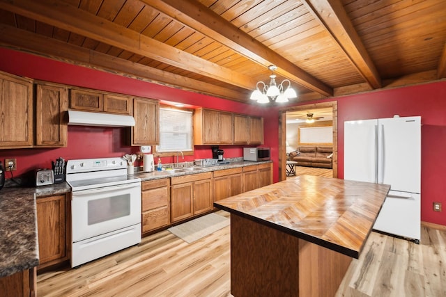 kitchen with white appliances, sink, pendant lighting, beam ceiling, and light hardwood / wood-style floors