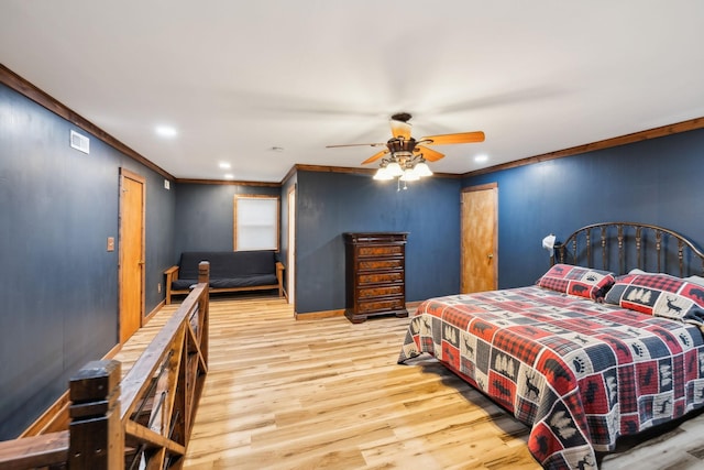 bedroom with ceiling fan, ornamental molding, and light hardwood / wood-style flooring