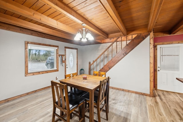 dining room featuring beamed ceiling, a notable chandelier, light hardwood / wood-style floors, and wood ceiling