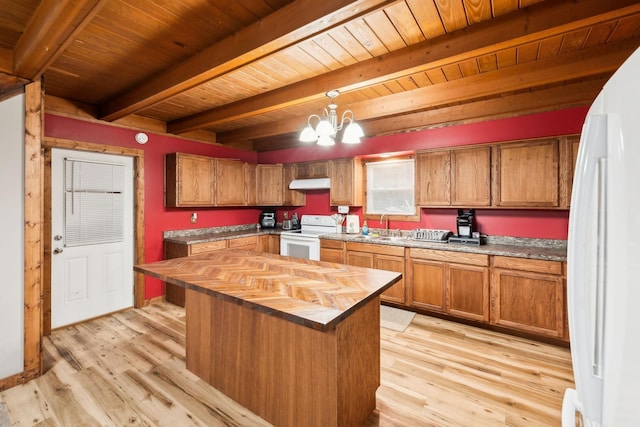 kitchen with beam ceiling, hanging light fixtures, wood counters, white appliances, and a kitchen island