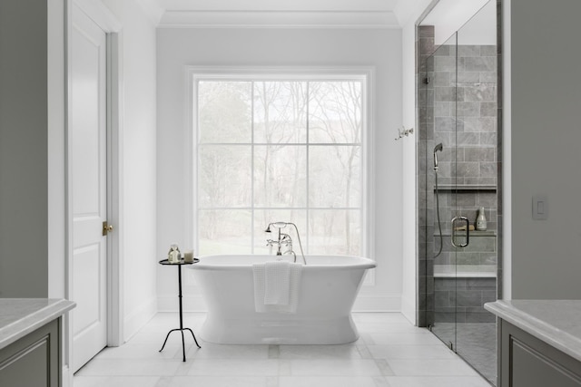 bathroom featuring vanity, plus walk in shower, and ornamental molding