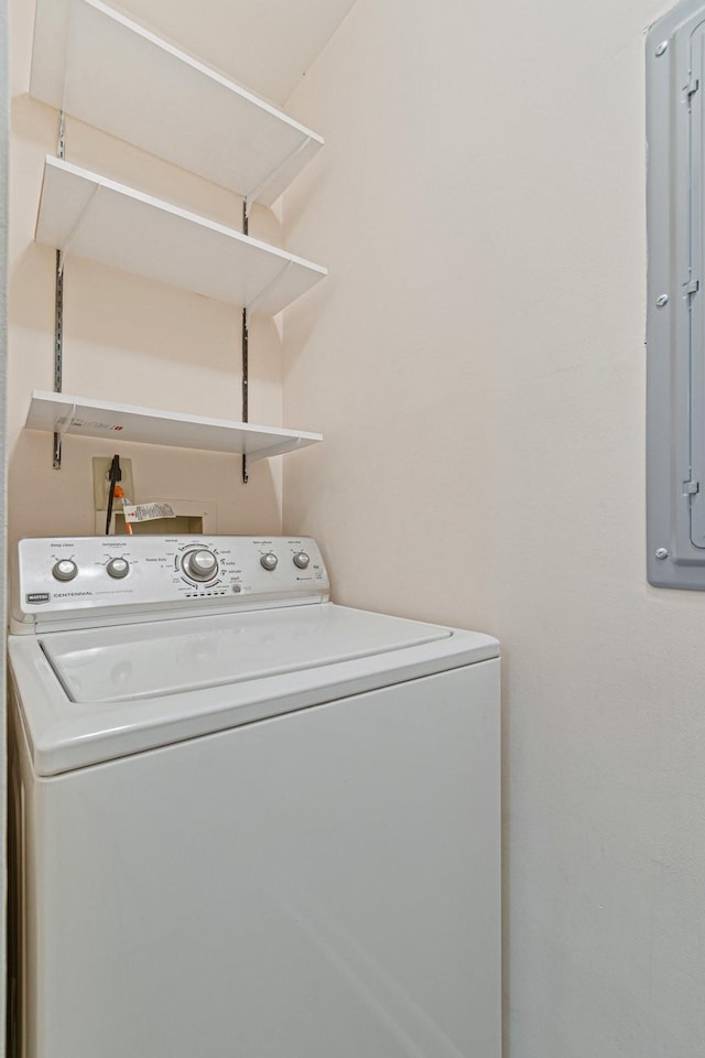 laundry room featuring electric panel, washer / dryer, and laundry area