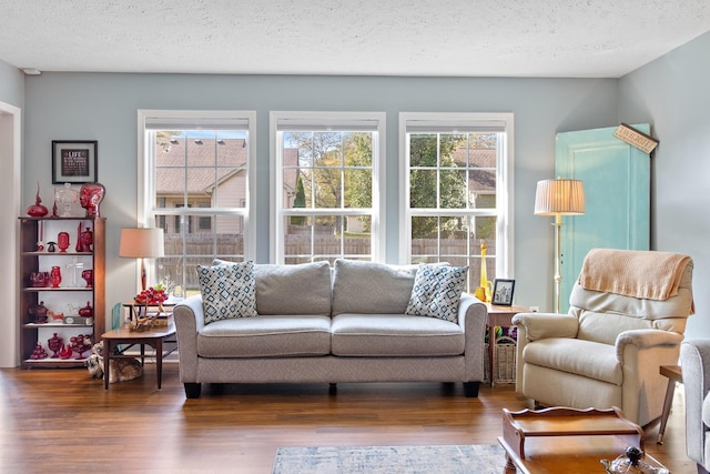 living room featuring dark hardwood / wood-style flooring and a textured ceiling