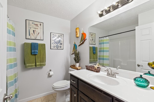 bathroom featuring curtained shower, tile patterned flooring, a textured ceiling, toilet, and vanity