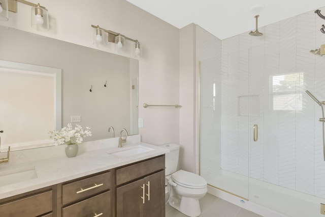 bathroom with vanity, an enclosed shower, tile patterned floors, and toilet