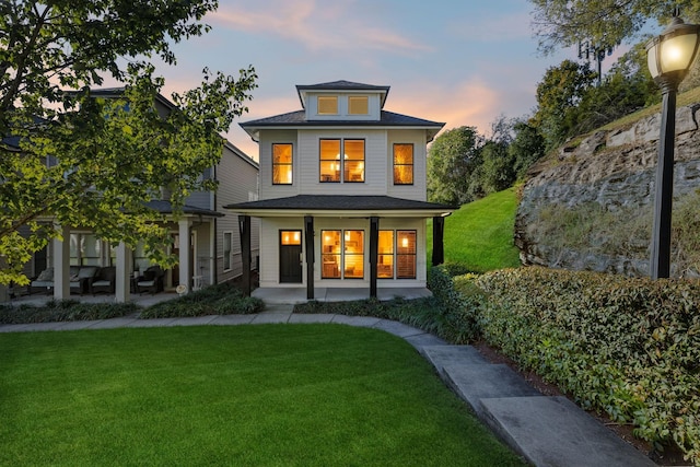 back house at dusk with a yard