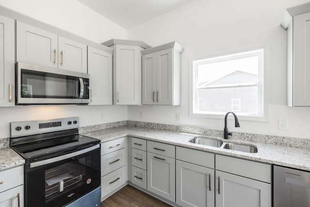 kitchen with light stone countertops, stainless steel appliances, dark hardwood / wood-style floors, and sink