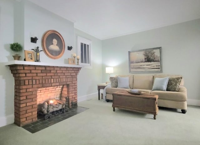 carpeted living room featuring ornamental molding and a brick fireplace