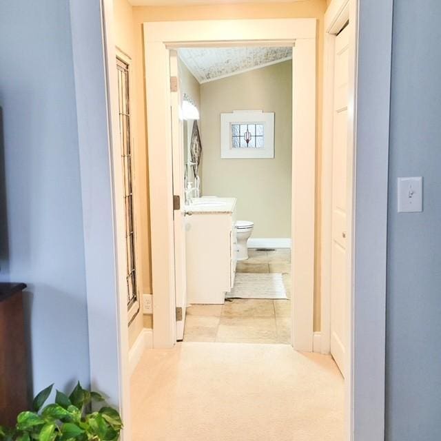 hallway with lofted ceiling