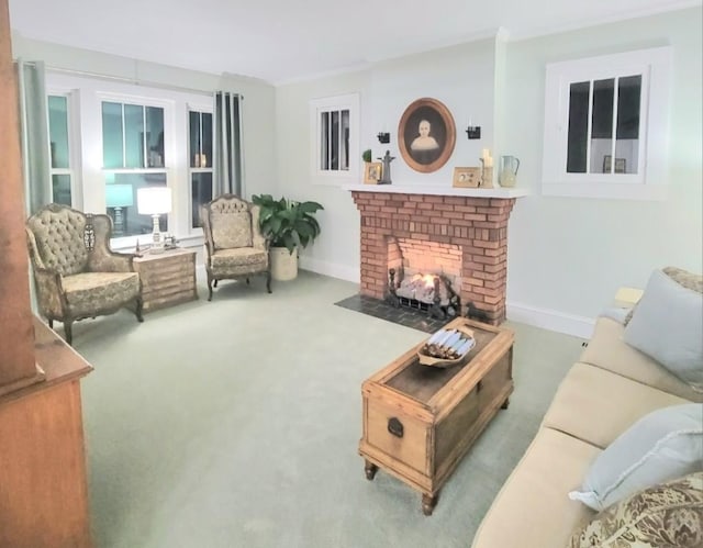 carpeted living room featuring a fireplace