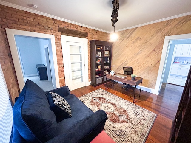 office featuring dark hardwood / wood-style floors and ornamental molding