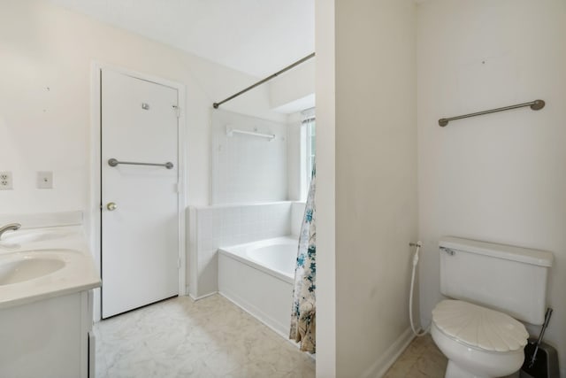 full bathroom with vanity, independent shower and bath, and toilet