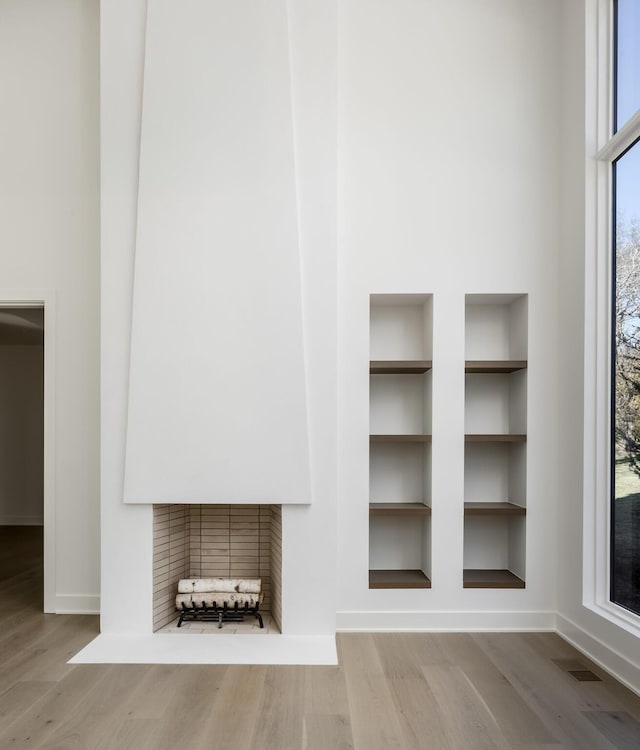 interior details with wood-type flooring and built in features