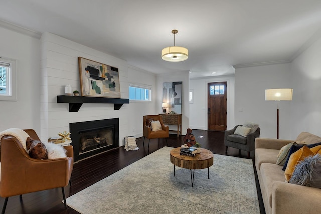 living room featuring a wealth of natural light, a large fireplace, and dark hardwood / wood-style floors