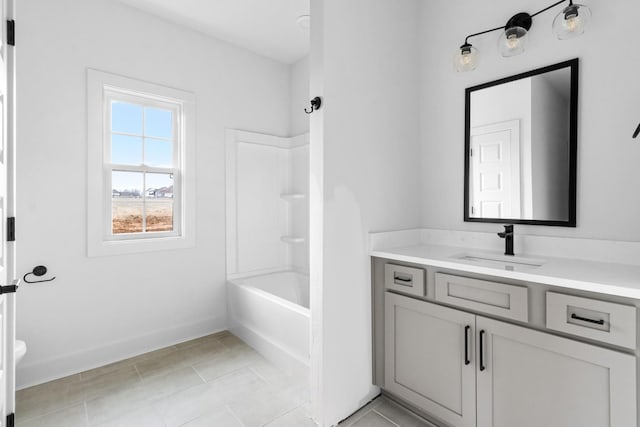 bathroom featuring bathing tub / shower combination, vanity, and tile patterned floors