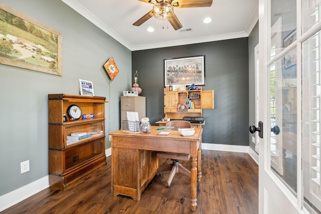 home office featuring french doors, dark hardwood / wood-style flooring, ceiling fan, and crown molding