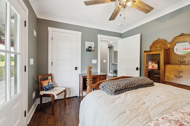 bedroom with ceiling fan, dark hardwood / wood-style floors, and ornamental molding