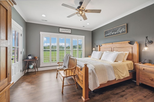 bedroom with multiple windows, ceiling fan, crown molding, and dark hardwood / wood-style floors