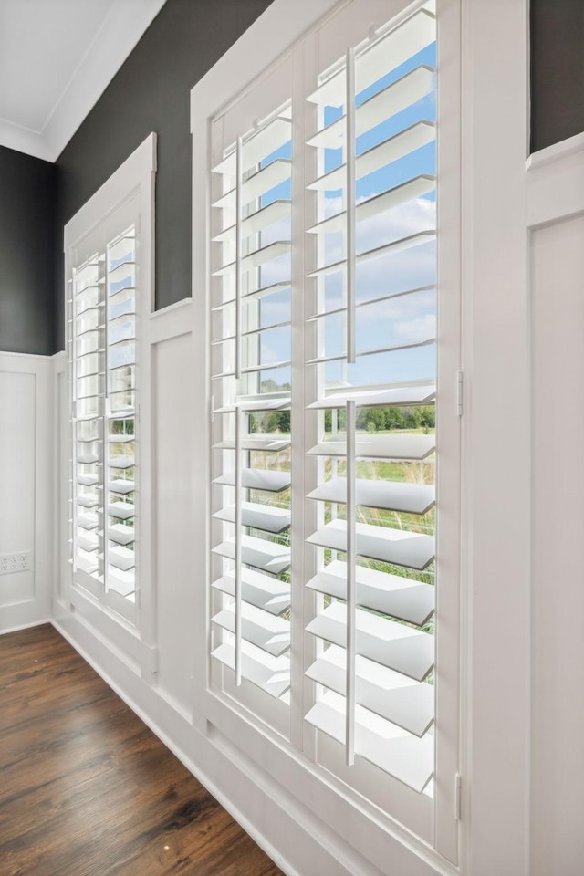 doorway with crown molding and dark hardwood / wood-style flooring