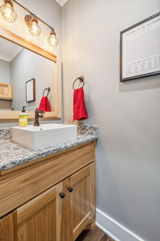 bathroom with vanity and wood-type flooring