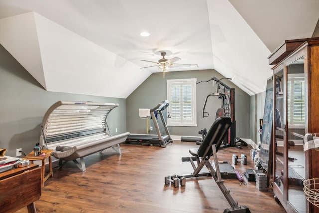 exercise area featuring hardwood / wood-style floors, vaulted ceiling, and ceiling fan