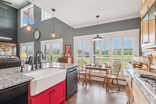 kitchen featuring sink, french doors, stainless steel appliances, a high ceiling, and decorative light fixtures