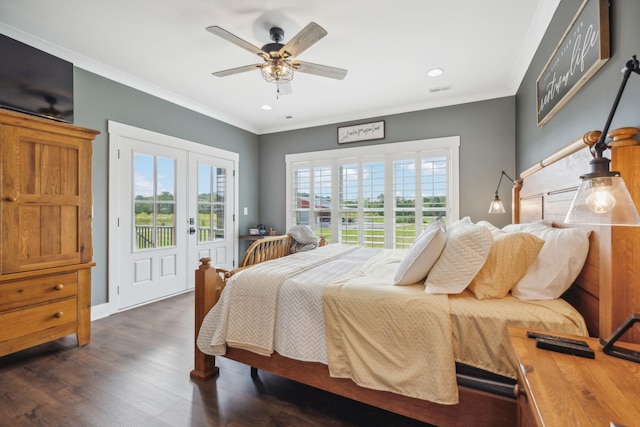 bedroom with dark wood-type flooring, french doors, crown molding, ceiling fan, and access to exterior