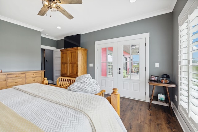 bedroom featuring multiple windows, ceiling fan, crown molding, and dark hardwood / wood-style floors