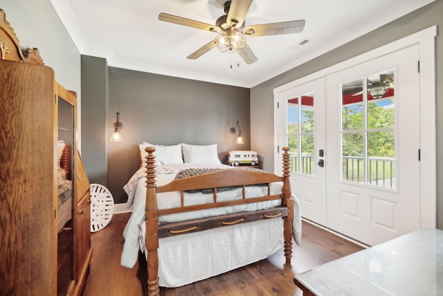 bedroom featuring french doors, ceiling fan, access to exterior, ornamental molding, and dark hardwood / wood-style flooring